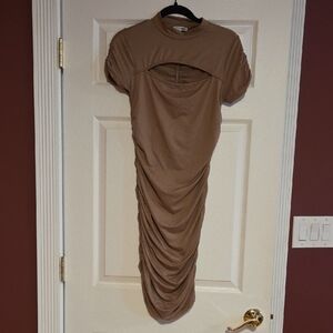 Fashion Nova Gathered Midi Dress in Brown